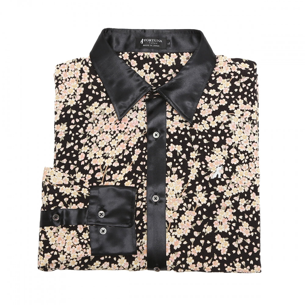 Men’s Unisex Sakura Crepe Dress Shirt Long Sleeve -16. Samurai Cherry Blossoms Pattern Made in Japan FORTUNA Tokyo