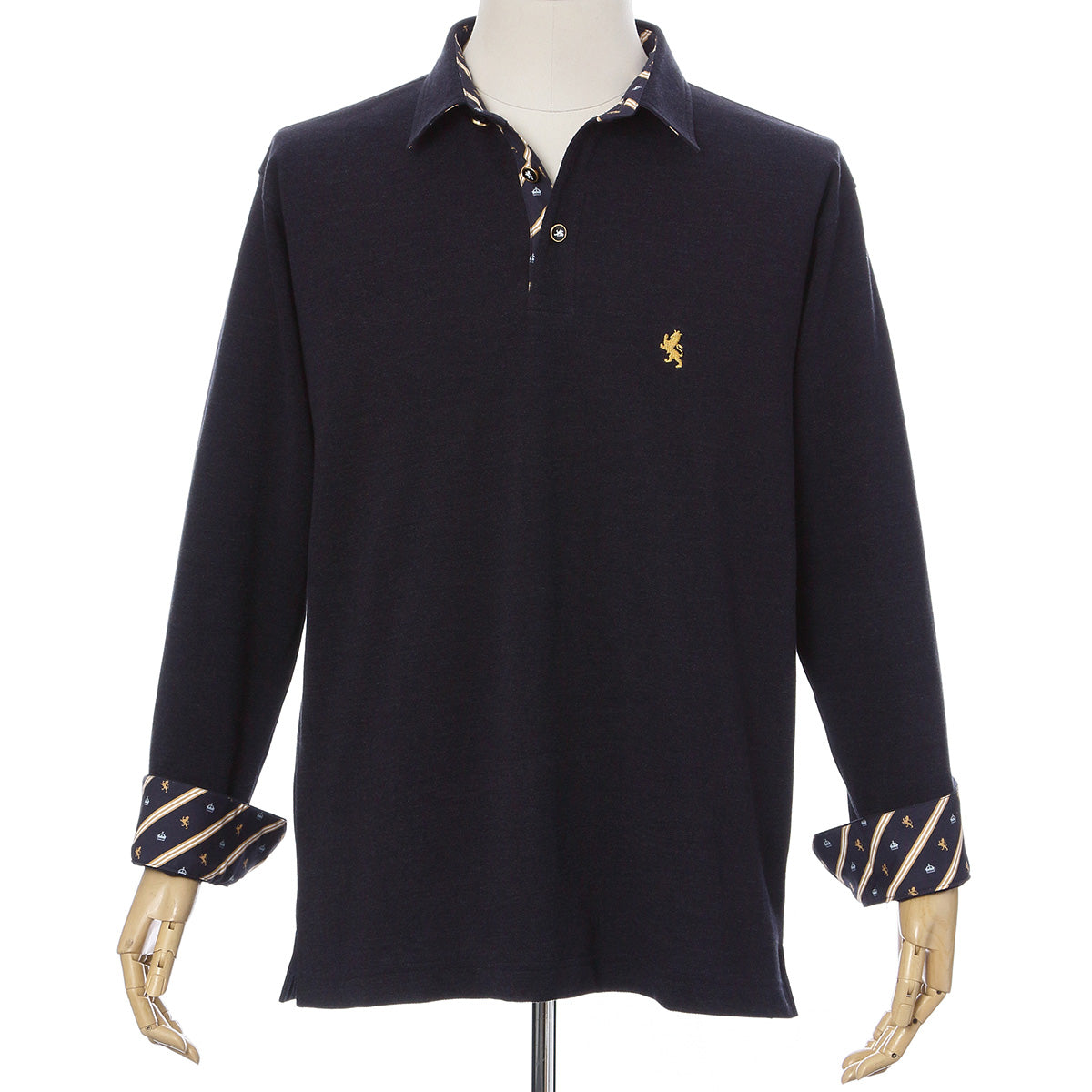 Men’s Long Sleeve Sports Fashion Polo Shirt -08. King Lion & Crown Design Made in Japan FORTUNA Tokyo