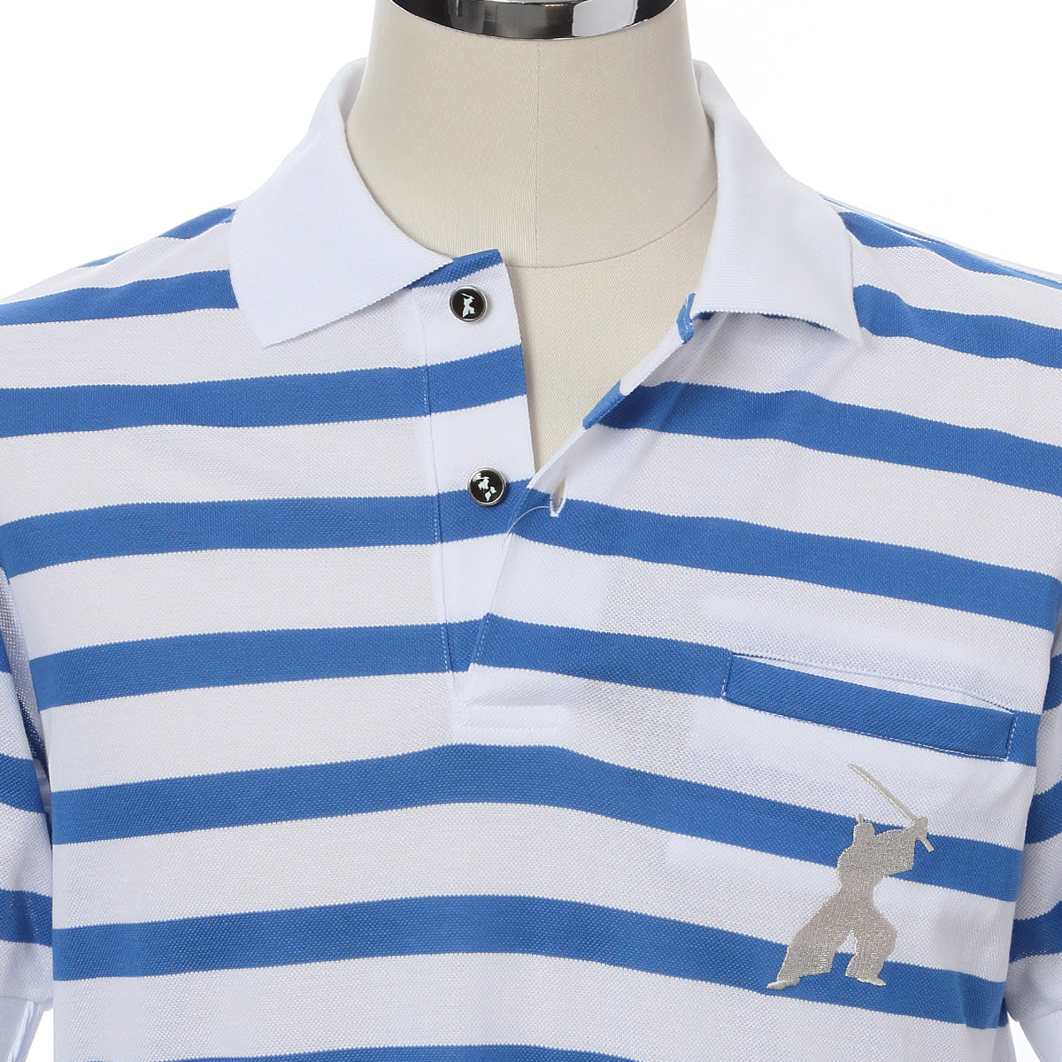 Men’s Short Sleeve Cotton Sports Polo Shirt -16. Samurai Design Striped Blue & White Made in Japan FORTUNA Tokyo