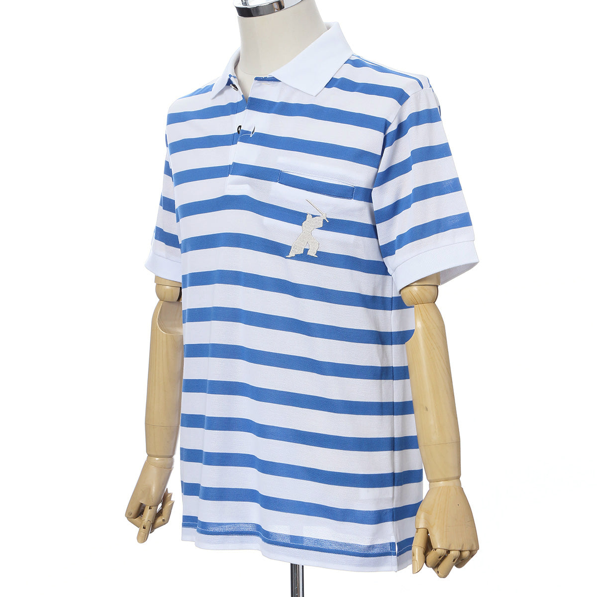Men’s Short Sleeve Cotton Sports Polo Shirt -16. Samurai Design Striped Blue & White Made in Japan FORTUNA Tokyo