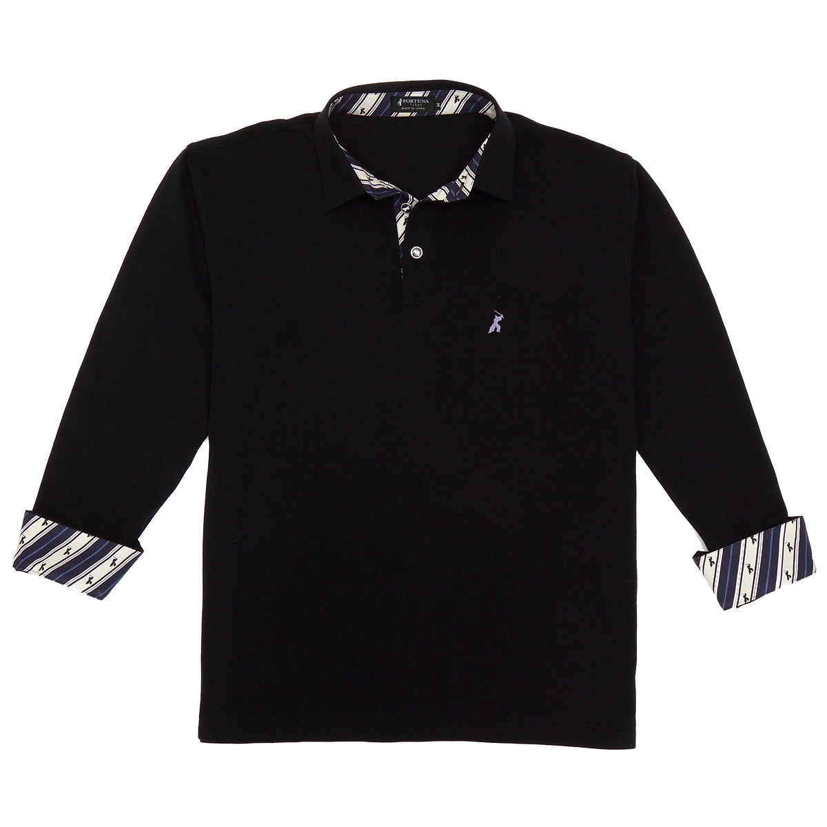Men’s Long Sleeve Cotton Sports Polo Shirt -16. Samurai Design Black Made in Japan FORTUNA Tokyo
