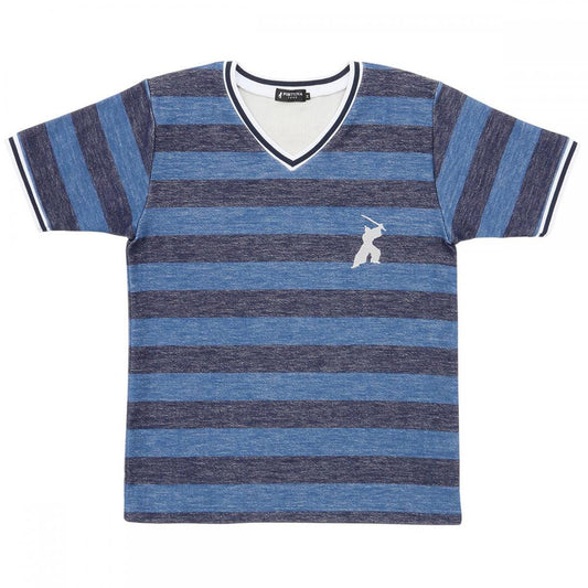 Men’s Short Sleeve Cotton Fashion V-neck T-shirt -16. Samurai Striped Design Blue Made in Japan FORTUNA Tokyo