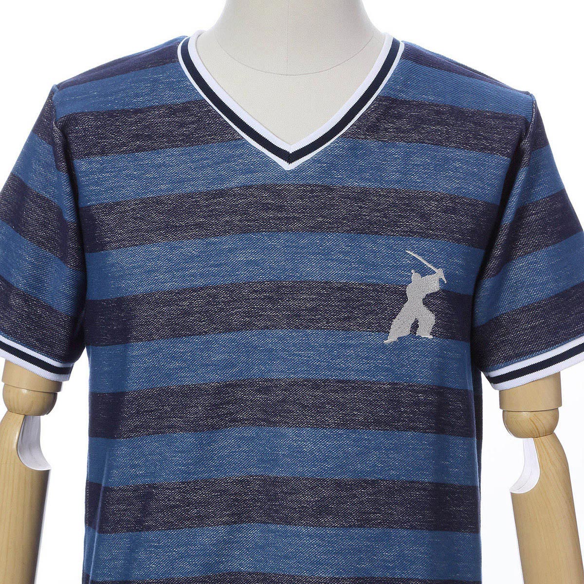 Men’s Short Sleeve Cotton Fashion V-neck T-shirt -16. Samurai Striped Design Blue Made in Japan FORTUNA Tokyo
